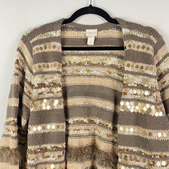 Chicos Embellished Shine Greta Cardigan Size 2 US L Stripe 3/4 Sleeves Open - Picture 2 of 11